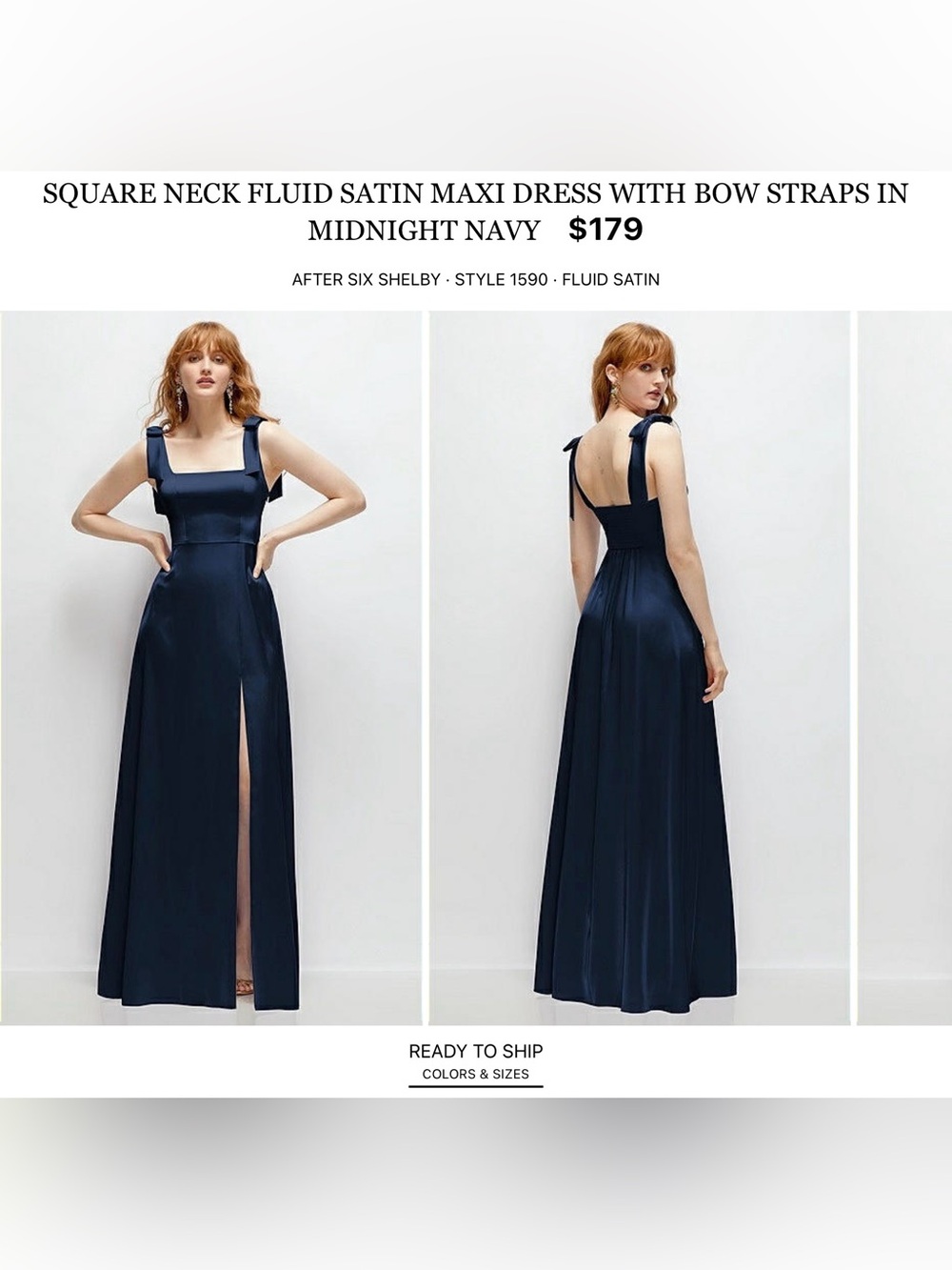 After Six Midnight Navy Satin Maxi with Bow Shoulder Straps
